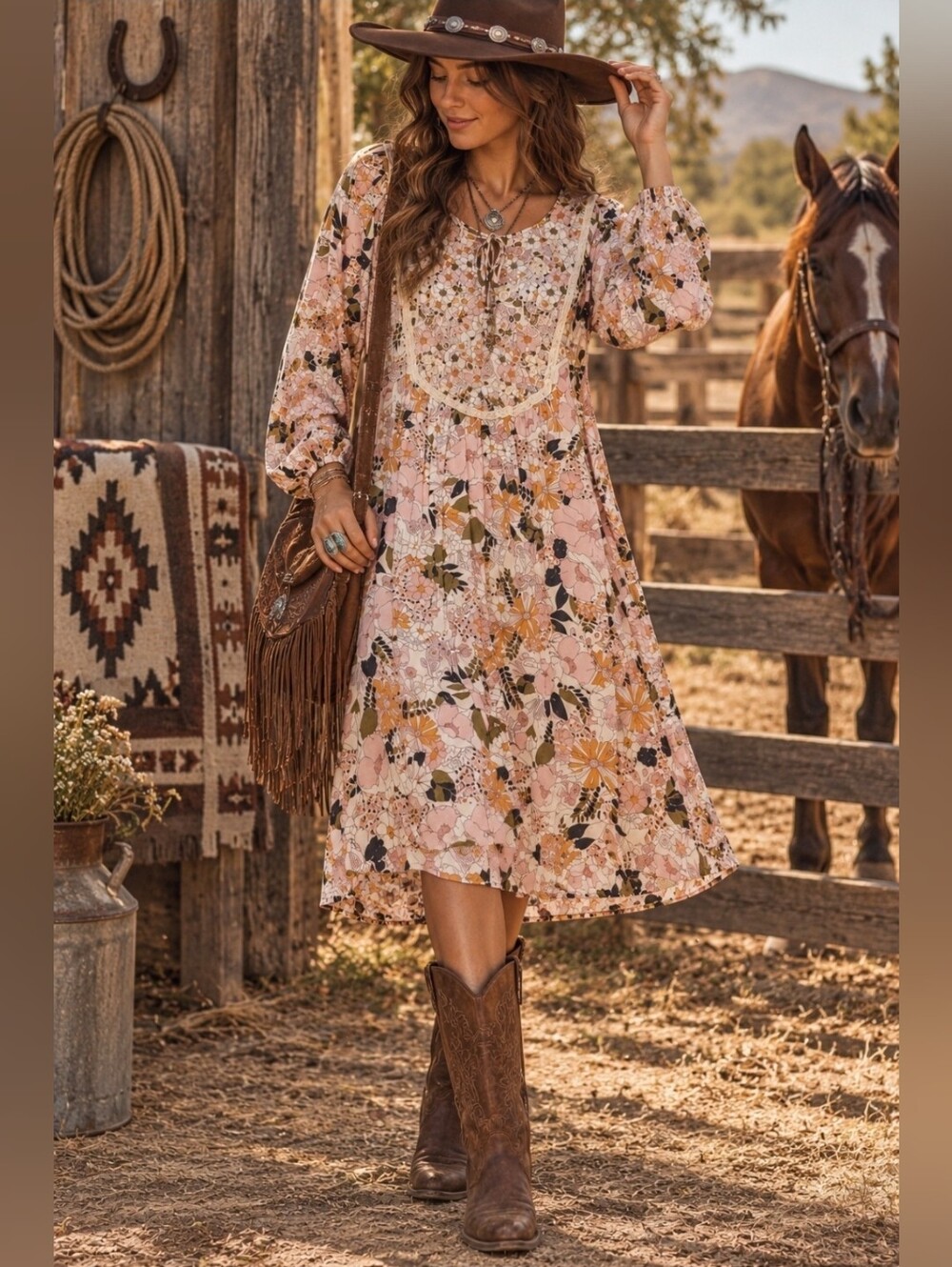 Fig And Flower Floral Bohemian Western Dress with Lace Detail Size Large